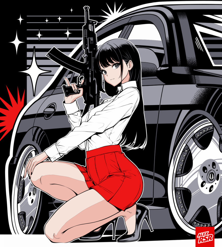 ak-105 alex_rsr artist_logo artist_name assault_rifle black_eyes black_footwear black_hair black_nails car closed_mouth collared_shirt commentary_request female finger_on_trigger from_side full_body gun hand_on_own_knee high_heels highres holding holding_gun holding_weapon kalashnikov_rifle long_hair long_sleeves looking_at_viewer looking_to_the_side miniskirt motor_vehicle nail_polish original pleated_skirt red_skirt rifle shirt shirt_tucked_in skirt sleeve_cuffs solo sparkle squatting stance_(vehicle) toyota toyota_mark_x weapon white_shirt