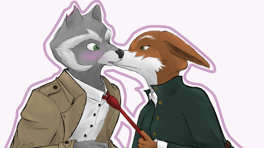 16:9 2024 4k absurd_res anthro black_nose blush canid canine claws clothing clothing_pull coat colored digital_media_(artwork) duo eyelashes facial_markings female finger_claws fox fur green_eyes grey_body grey_fur head_markings hi_res holding_object howard_lotor humanoid_hands hyacinth1971 kissing love male male/female mammal markings multicolored_body multicolored_fur necktie notched_ear open_mouth procyonid pulling_tie raccoon red_body red_fur renee_wilson romantic tails_noir topwear trenchcoat white_body white_fur widescreen