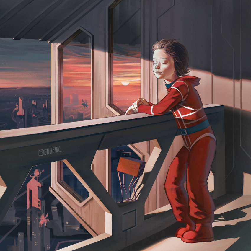 1:1 alisa_seleznyova_(character) alisa_seleznyova_(series) ambiguous_gender balcony closed_eyes coveralls duo_focus evgeniy_shvenk female feral futuristic group hi_res human indicator_(alisa_seleznyova) mammal not_furry_focus signature skliss sunset the_mystery_of_the_third_planet urban_background young young_female