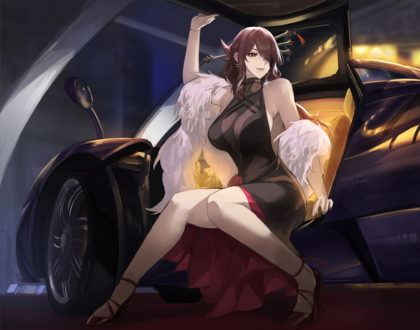 alternate_costume bare_shoulders beidou_(genshin_impact) black_dress breasts brown_hair car dress eyepatch feather_boa female genshin_impact gullwing_doors hair_ornament hair_stick high_heels highres large_breasts long_hair motor_vehicle red_eyes sitting sleeveless sleeveless_dress smile solo strappy_heels tommy_(kingdukeee)