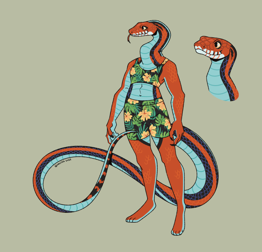 anthro biped blue_body blue_countershading claws clothed clothing countershade_arms countershade_neck countershade_tail countershade_torso countershading female fingers forked_tongue garter_snake hi_res reptile san_francisco_garter_snake scales scalie snake solo tail tongue tongue_out wolvesmaw