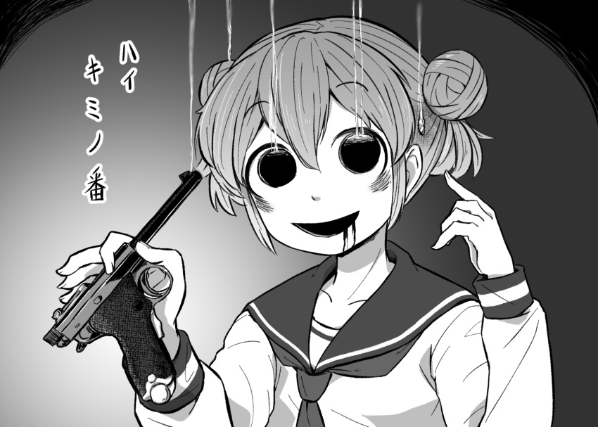 4shi bags_under_eyes bullet_hole collarbone commentary_request dango-chan_(4shi) double_bun drooling female greyscale gun hair_bun handgun hands_up highres holding holding_gun holding_weapon hole_in_head hollow_eyes long_sleeves looking_at_viewer monochrome nambu_pistol nambu_type_14 nambu_type_a_modified_("papa") neckerchief open_mouth original pointing pointing_at_self russian_roulette sailor_collar school_uniform serafuku short_hair smile smoke_trail solo translated upper_body weapon you're_doing_it_wrong