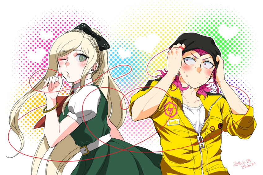 1boy artist_name beanie belt black_bow black_headwear blush bow bowtie bracelet braid collarbone danganronpa_(series) danganronpa_2:_goodbye_despair dated den1208 dress female finger_ribbon green_dress green_eyes hairbow hand_up hat heart jewelry long_hair medium_hair one_eye_closed pink_hair puffy_short_sleeves puffy_sleeves red_bow red_bowtie shirt short_sleeves smile soda_kazuichi sonia_nevermind sweat upper_body white_belt white_shirt zipper_pull_tab