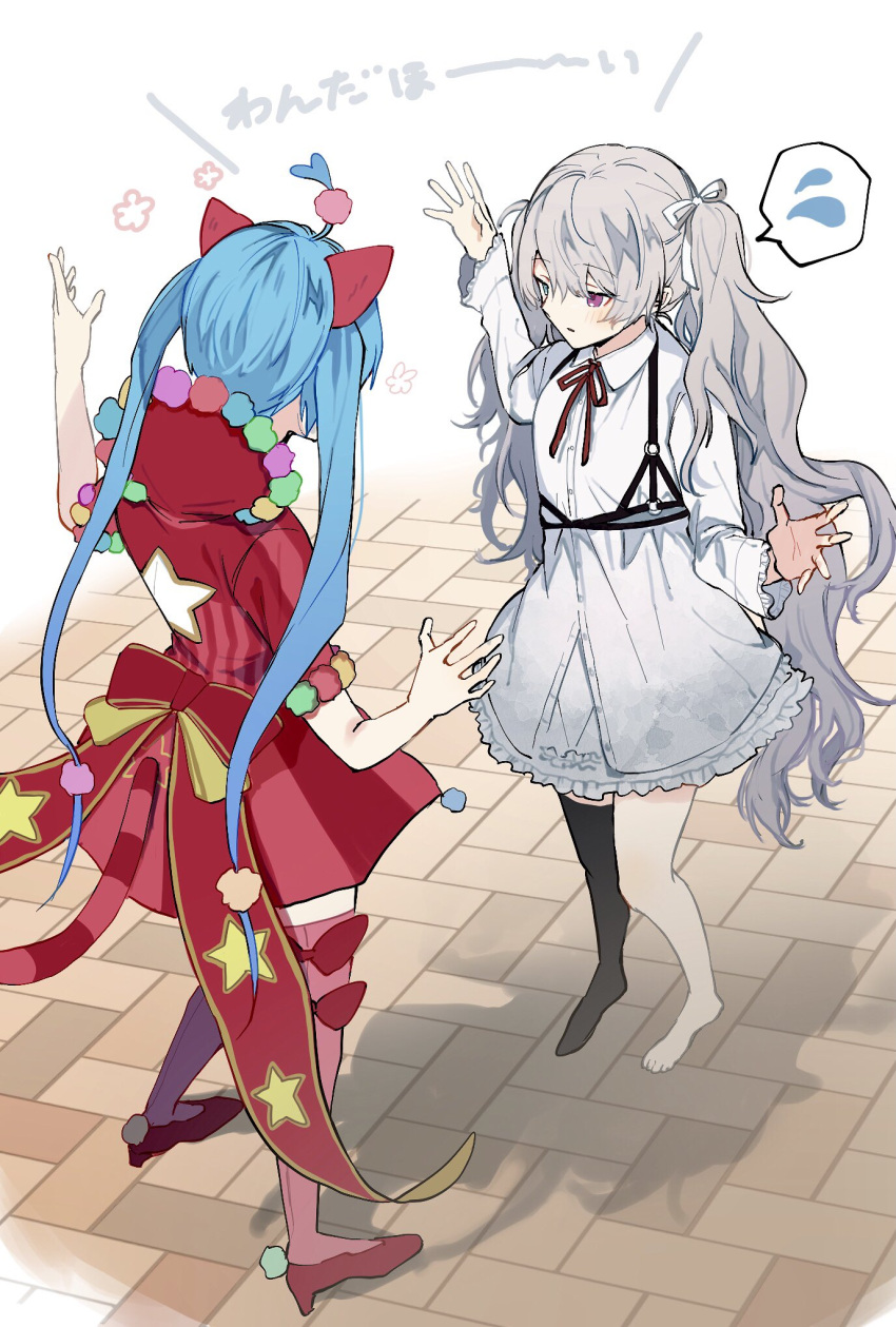 25-ji_miku 25-ji_nightcord_de._(project_sekai) 2girls ahoge animal_ears asymmetrical_legwear barefoot black_legwear blue_eyes cat_ears chest_harness dress dual_persona fake_animal_ears flying_sweatdrops frilled_dress frills from_behind full_body grey_hair hair_ribbon half-closed_eyes hands_up harness hatsune_miku heterochromia high_heels highres jitome long_hair manami_(aph-23) multiple_girls neck_ribbon pom_pom_(clothes) project_sekai purple_eyes red_dress red_footwear red_legwear red_ribbon ribbon shadow single_thighhigh speech_bubble spoken_flying_sweatdrops standing thighhighs tile_floor tiles translated twintails very_long_hair vocaloid white_dress wonderlands_x_showtime_(project_sekai) wonderlands_x_showtime_miku