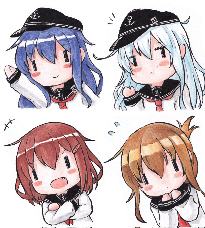 4girls akatsuki_(kancolle) anchor_symbol arm_up black_headwear blue_hair blush_stickers brown_hair chibi commentary corrupted_twitter_file flat_cap flying_sweatdrops folded_ponytail hat hibiki_(kancolle) highres ikazuchi_(kancolle) inazuma_(kancolle) kantai_collection long_hair long_sleeves multiple_girls neckerchief oerba_yun_fang open_mouth poipoi_purin ponytail red_neckerchief sailor_collar school_uniform serafuku simple_background white_background white_hair