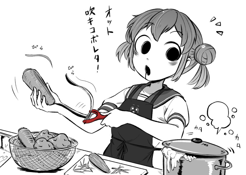 4shi :o accident apron bags_under_eyes basket carrot commentary_request cooking cooking_pot cutting_board dango-chan_(4shi) double_bun drooling female hair_bun highres holding holding_carrot hollow_body hollow_eyes injury looking_at_viewer notice_lines original peeler peeling potato print_apron sailor_collar school_uniform serafuku short_hair short_sleeves simple_background sink solo spot_color translated upper_body when_you_see_it