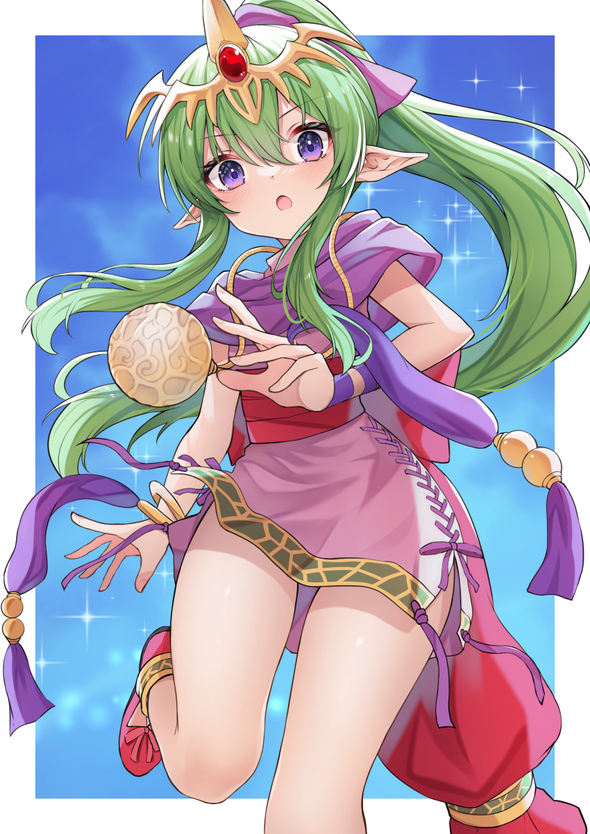 absurdres alternate_eye_color dress female fire_emblem fire_emblem:_mystery_of_the_emblem green_hair hair_ornament hako_momiji highres jewelry lolicon long_hair open_mouth pink_dress pointy_ears ponytail purple_eyes scarf short_dress side_slit simple_background solo tiara tiki_(fire_emblem) tiki_(young)_(fire_emblem)