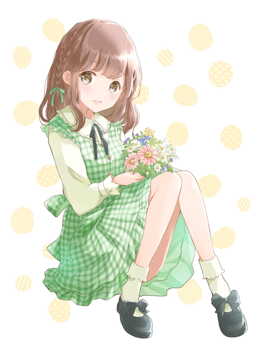 absurdres black_footwear black_neckwear black_ribbon bobby_socks bouquet bow braid breasts brown_eyes brown_hair commentary daisy dress female flower footwear_bow gingham gingham_dress green_dress hair_ribbon highres holding holding_bouquet hoshiibara_mato knees_together_feet_apart knees_up light_blush long_sleeves looking_at_viewer open_mouth original pinafore_dress polka_dot polka_dot_background ribbon shirt shoes sitting sleeveless sleeveless_dress small_breasts smile socks solo white_background white_shirt white_socks