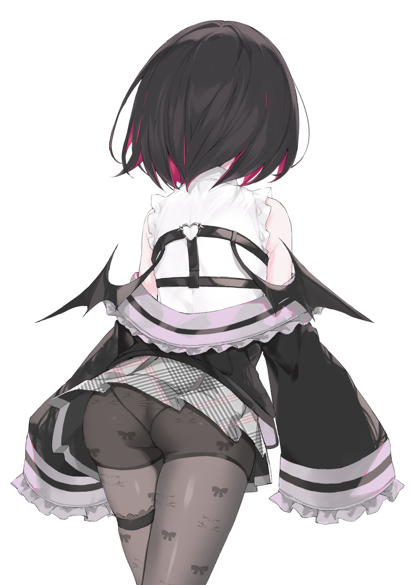 absurdres ass bare_shoulders black_hair bow bow_print detached_sleeves fake_wings female frills from_behind highres indie_virtual_youtuber jacket long_sleeves mini_wings multicolored_hair nanananana off_shoulder panties panties_under_pantyhose pantyhose pink_hair rikotan_(vtuber) scan shiny_clothes short_hair simple_background skirt sleeves_past_wrists solo thigh_strap two-tone_hair underwear virtual_youtuber white_background wings