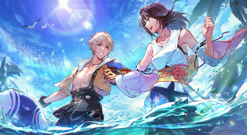 1boy ball bare_shoulders bird black_bra black_overalls blonde_hair blue_eyes blue_skirt blue_sky bra brown_hair couple cropped_jacket crow0cc day detached_sleeves female final_fantasy final_fantasy_x highres hood hooded_jacket jacket japanese_clothes jewelry looking_at_another medium_hair necklace nontraditional_miko obi outdoors overalls palm_tree pectorals sash skirt sky straight sun sunlight tidus tree underwear upper_body wading water white_sleeves wide_sleeves yellow_jacket yuna_(ff10)