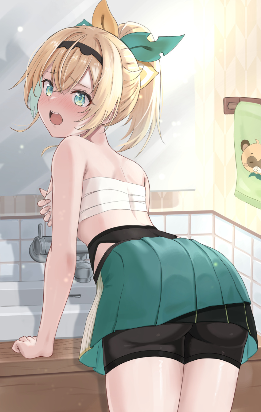 ass bike_shorts bike_shorts_under_skirt black_shorts blonde_hair blush chest_sarashi commentary covering_breasts covering_privates female from_behind green_eyes green_hakama hakama hakama_short_skirt hakama_skirt highres hololive japanese_clothes kazama_iroha kazama_iroha_(1st_costume) pleated_skirt ponytail sarashi shorts shorts_under_skirt sink skirt tonton_utaro towel virtual_youtuber