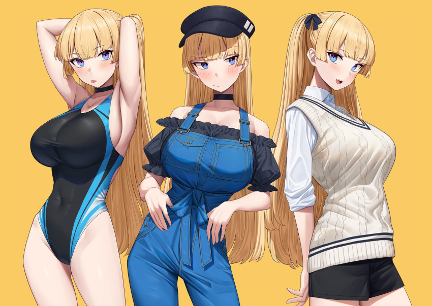 armpits arms_behind_head arms_up bare_shoulders black_headwear black_one-piece_swimsuit black_shirt black_shorts blonde_hair blue_eyes blue_one-piece_swimsuit blue_overalls blush breasts choker cleavage collarbone collared_shirt covered_navel dress_shirt female hat highleg highleg_swimsuit highres large_breasts lina_(michihasu) long_hair long_sleeves looking_at_viewer michihasu multicolored_clothes multicolored_swimsuit multiple_views off_shoulder one-piece_swimsuit open_mouth original overalls puffy_short_sleeves puffy_sleeves shirt short_sleeves shorts smile sweater sweater_vest swimsuit thighs white_shirt white_sweater yellow_background