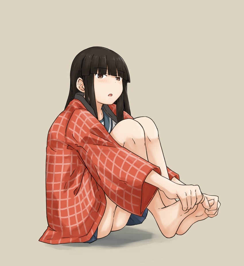 bare_legs barefoot blue_skirt blunt_bangs blush brown_eyes chagamaka feet female full_body hands_on_feet hands_on_own_feet hanten_(clothes) hatsuyuki_(kancolle) hime_cut japanese_clothes kantai_collection legs light_brown_background long_hair looking_at_viewer on_ground open_mouth pleated_skirt sailor_collar shirt sitting skirt soles solo thighs toes white_shirt wide_sleeves