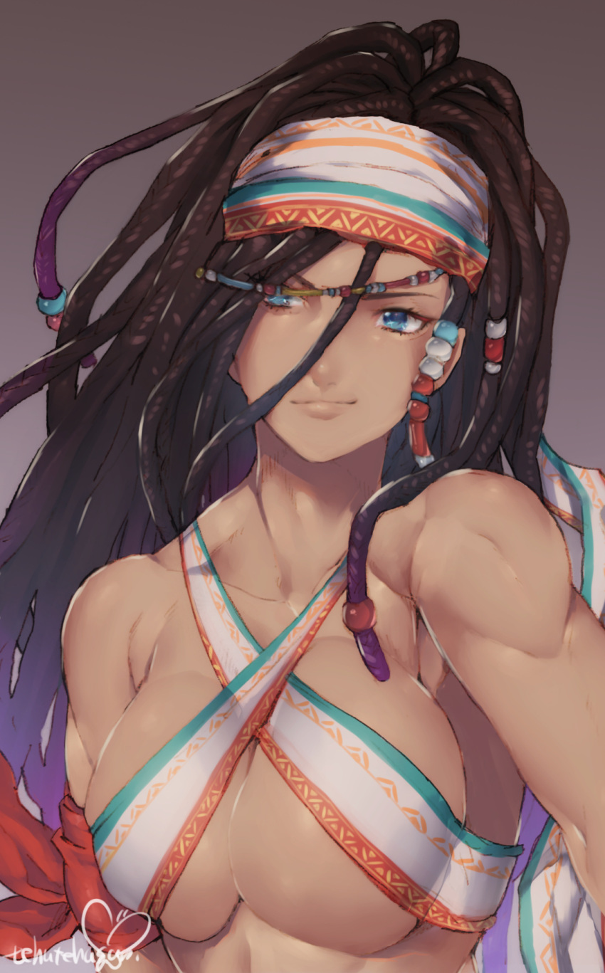 blue_eyes breasts cleavage criss-cross_halter dark-skinned_female dark_skin darli_dagger dreadlocks female halterneck headband highres large_breasts long_hair murata_tefu muscular muscular_female samurai_spirits simple_background solo upper_body