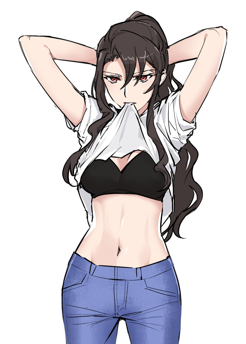 akikaze_rui arms_behind_head arms_up black_bra blue_pants bra breasts brown_hair clothes_in_mouth clothes_lift commentary_request cowboy_shot dee0333 denim female hair_between_eyes high_ponytail highres jeans korean_commentary lifting_own_clothes long_hair looking_away medium_breasts mouth_hold navel pants parted_lips ponytail red_eyes shirt shirt_in_mouth shirt_lift short_sleeves shoujo_kageki_revue_starlight shoujo_kageki_revue_starlight_-re_live- sidelocks simple_background sleeves_pushed_up solo standing stomach underwear wavy_hair white_background white_shirt