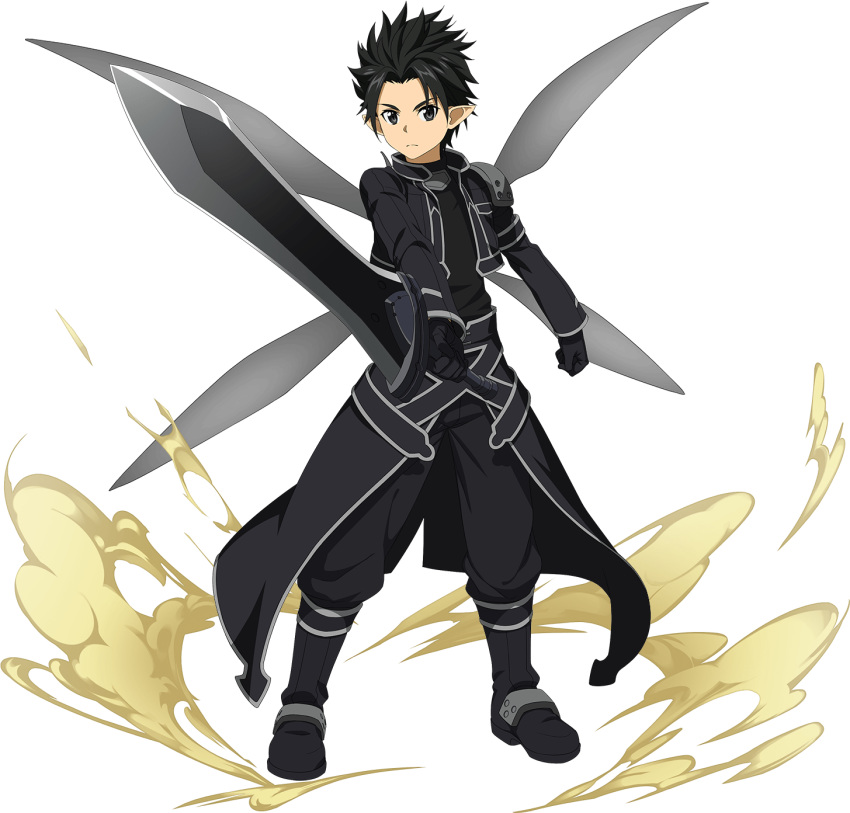 1boy black_iron_great_sword black_wings highres holding holding_sword holding_weapon kirito kirito_(sao-alo) male_focus multiple_wings pointy_ears single_shoulder_pad solo source_request sword sword_art_online sword_art_online:_memory_defrag transparent_background transparent_wings weapon wings