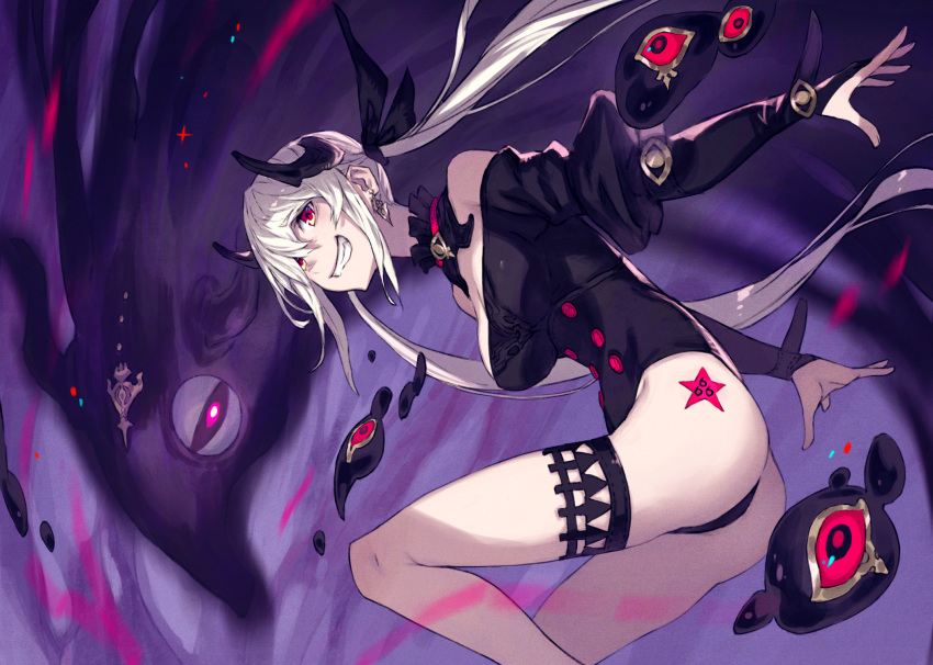 666 bare_shoulders black_eyes black_gloves breasts bridal_gauntlets cleavage colored_sclera commentary_request earrings female fingernails frills gloves glowing glowing_eye hair_between_eyes highres horns jewelry kusano_shinta long_hair monster mouth_hold original puffy_sleeves purple_eyes red_sclera shadow single_earring slime_(substance) smile solo teeth_hold thigh_strap twintails white_hair