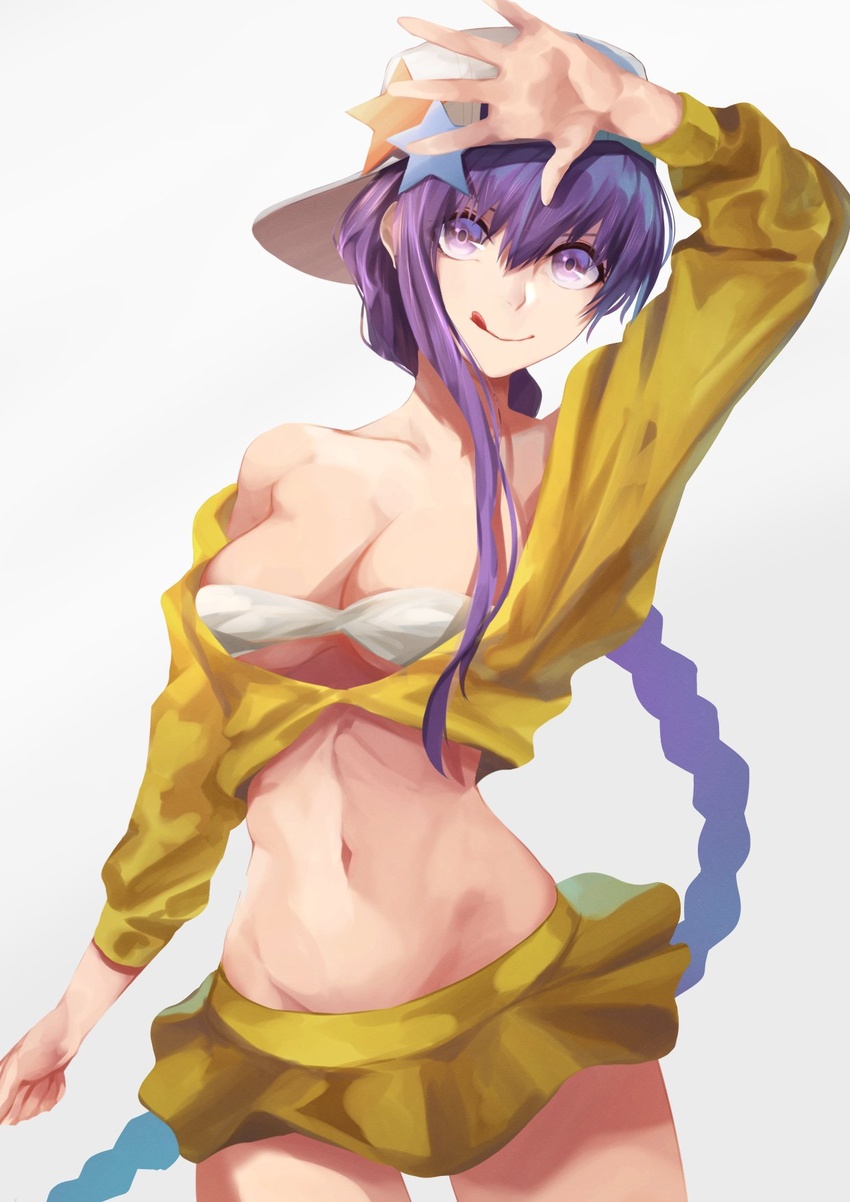 :q arm_up bare_legs bare_shoulders bb_(fate) bb_(swimsuit_mooncancer)_(fate) bb_(swimsuit_mooncancer)_(first_ascension)_(fate) braid braided_ponytail breasts coat collarbone cowboy_shot eyebrows_hidden_by_hair fate/grand_order fate_(series) female groin hat herigaru_(fvgyvr000) highres large_breasts long_hair navel peaked_cap purple_eyes purple_hair simple_background skirt smile solo standing stomach swimsuit tongue tongue_out white_background