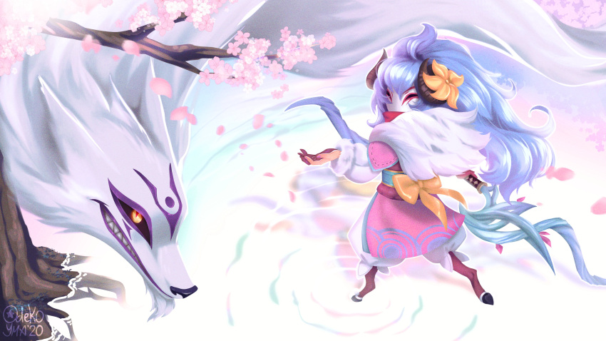 absurdres ahoge artist_name black_sclera bow braid cherry_blossoms colored_sclera curled_horns female flower fur_trim grin hair_between_eyes hair_flower hair_ornament highres horns kindred_(league_of_legends) lamb_(league_of_legends) league_of_legends long_hair long_sleeves mask odeko_yma official_alternate_costume official_alternate_hairstyle orange_bow orange_flower purple_hair sharp_teeth slit_pupils smile spirit_blossom_(league_of_legends) spirit_blossom_kindred teeth tree wolf_(league_of_legends)