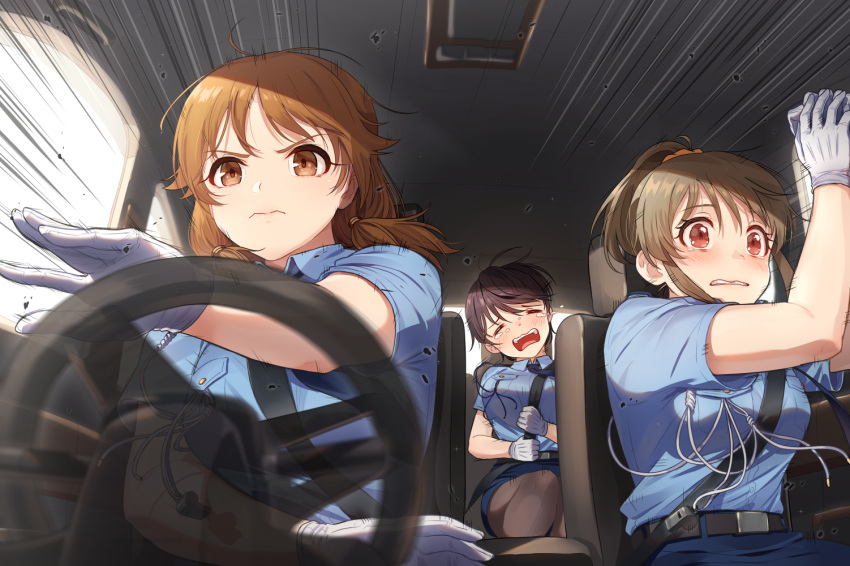 3girls belt black_hair breasts brown_eyes brown_hair car_interior closed_eyes commentary determined driving gloves hori_yuko idolmaster idolmaster_cinderella_girls kamille_(vcx68) katagiri_sanae large_breasts long_hair motion_lines multiple_girls oikawa_shizuku open_mouth pantyhose police police_uniform policewoman ponytail red_eyes scared scrunchie seatbelt sexy_guilty_(idolmaster) short_hair short_twintails sitting steering_wheel tears twintails uniform whistle x-ray