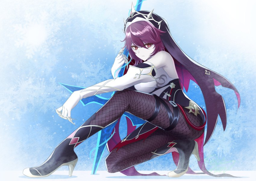 bent_over claws colored_skin commentary_request detached_sleeves elbow_gloves female fishnet_pantyhose fishnets genshin_impact gloves habit hair_between_eyes high_heels highres holding holding_polearm holding_weapon ice looking_at_viewer mon-chan multicolored_hair nun on_one_knee pantyhose polearm purple_hair red_eyes rosaria_(genshin_impact) short_hair sidelocks solo spear squatting streaked_hair two-tone_hair weapon white_gloves white_skin