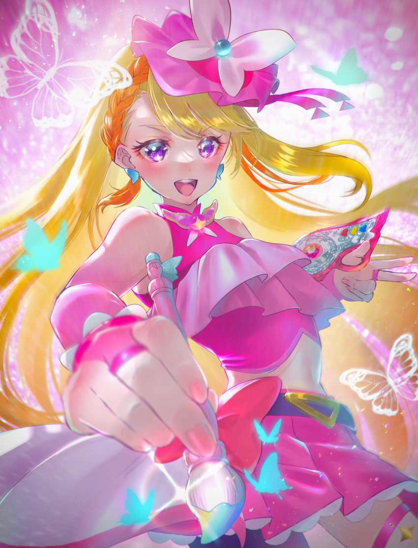 :d blonde_hair blush braid colorful_action_mix_palette commentary_request cure_butterfly earrings eyelashes female hair_ornament happy highres hijiri_ageha hirogaru_sky!_precure jewelry long_hair looking_at_viewer magical_girl midriff minccino7 multicolored_hair navel open_mouth orange_hair pink_background pink_skirt pink_tank_top precure purple_eyes single_braid single_leg_pantyhose skirt smile solo streaked_hair tank_top two-tone_hair