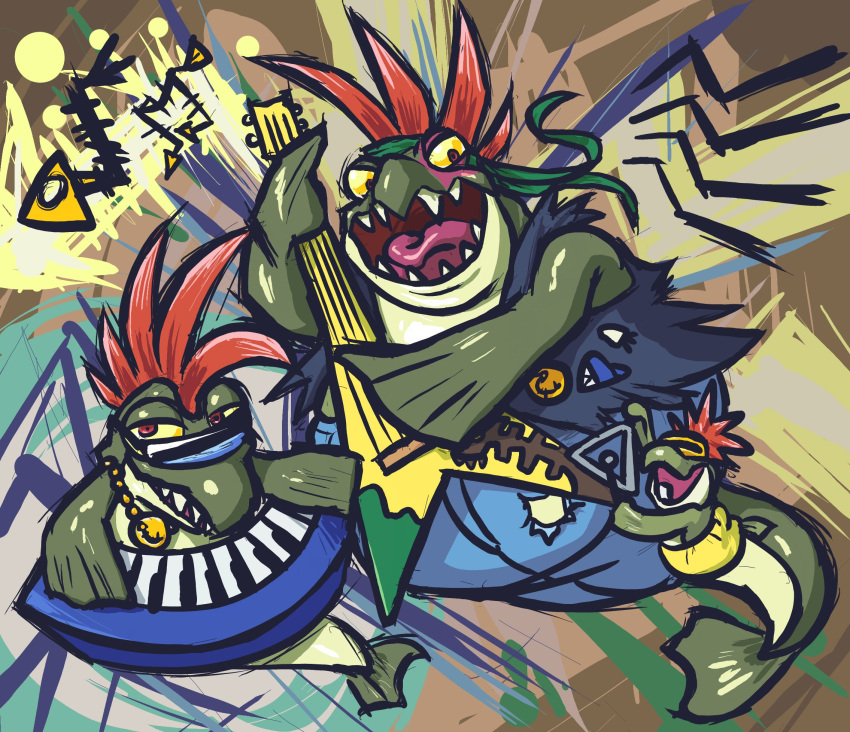 anthro band chum_(splatoon) cohock_(splatoon) eyewear fish group guitar hi_res jewelry keyboard_instrument male marine mohawk musical_instrument musical_note necklace nintendo percussion_instrument plucked_string_instrument rock_band salmonid_(splatoon) salmonoid_(splatoon) singing smallfry_(splatoon) splatoon string_instrument sunglasses teh_ray triangle_(musical_instrument) trio