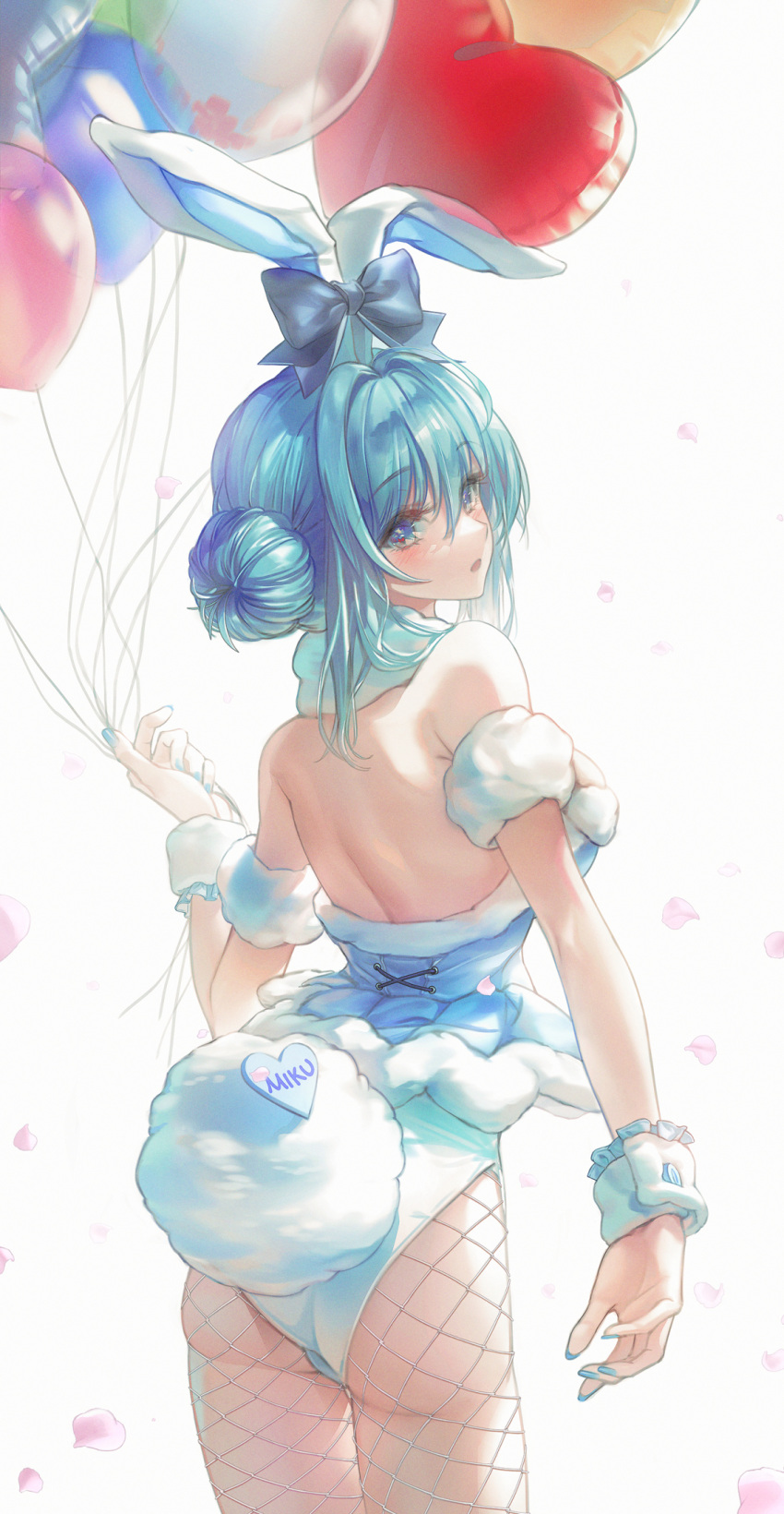 animal_ears ass balloon bare_shoulders bicute_bunnies_miku blue_bow blue_eyes blue_hair bow breasts character_name commentary cowboy_shot double_bun ear_bow fake_animal_ears fake_tail female fishnet_pantyhose fishnets from_behind grey_background hair_bun hatsune_miku heart_balloon highres holding holding_balloon leotard looking_at_viewer looking_back medium_breasts pantyhose parted_lips petals playboy_bunny rabbit_ears rabbit_tail sidelocks simple_background solo standing symbol-only_commentary tail tied_ears vocaloid white_leotard wrist_cuffs yon_(tellmedoor)