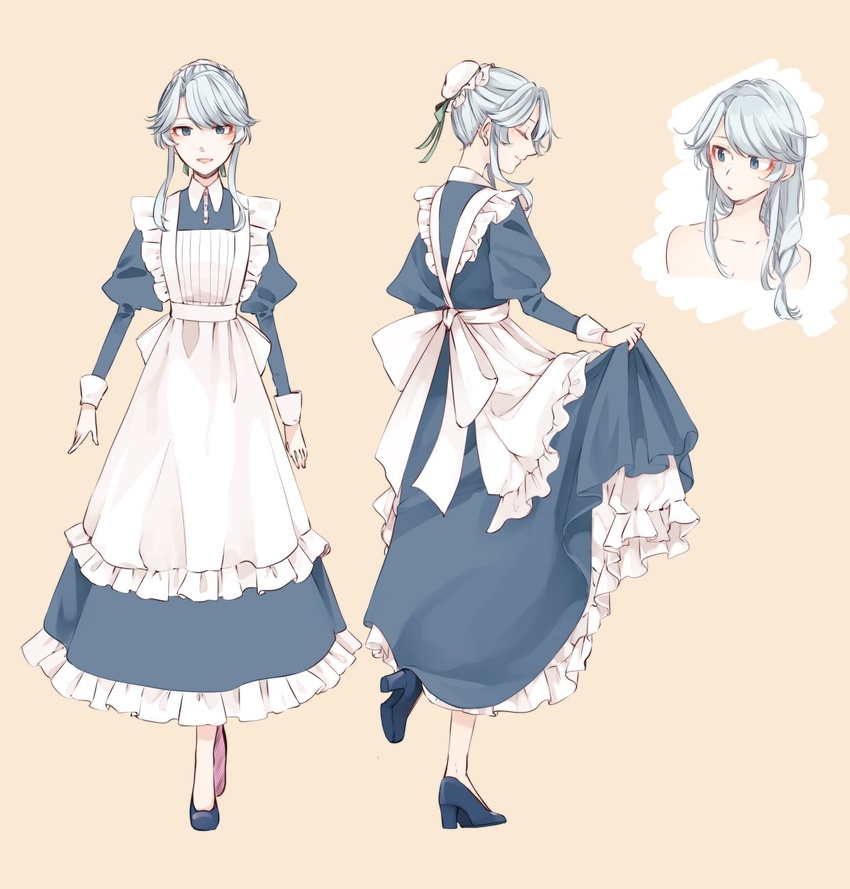 adapted_costume apron bare_shoulders black_footwear blue_dress blue_eyes braid bun_cover closed_eyes collarbone commentary dress eyeshadow female frills full_body green_ribbons grey_hair hair_bun hair_down hair_over_shoulder high_heels highres izayoi_sakuya juliet_sleeves long_hair long_sleeves looking_at_viewer maid makeup multiple_views open_mouth petticoat puffy_sleeves red_eyeshadow ribbon shoes single_hair_bun skirt_hold sleeve_cuffs smile souta_(karasu_no_ouchi) touhou