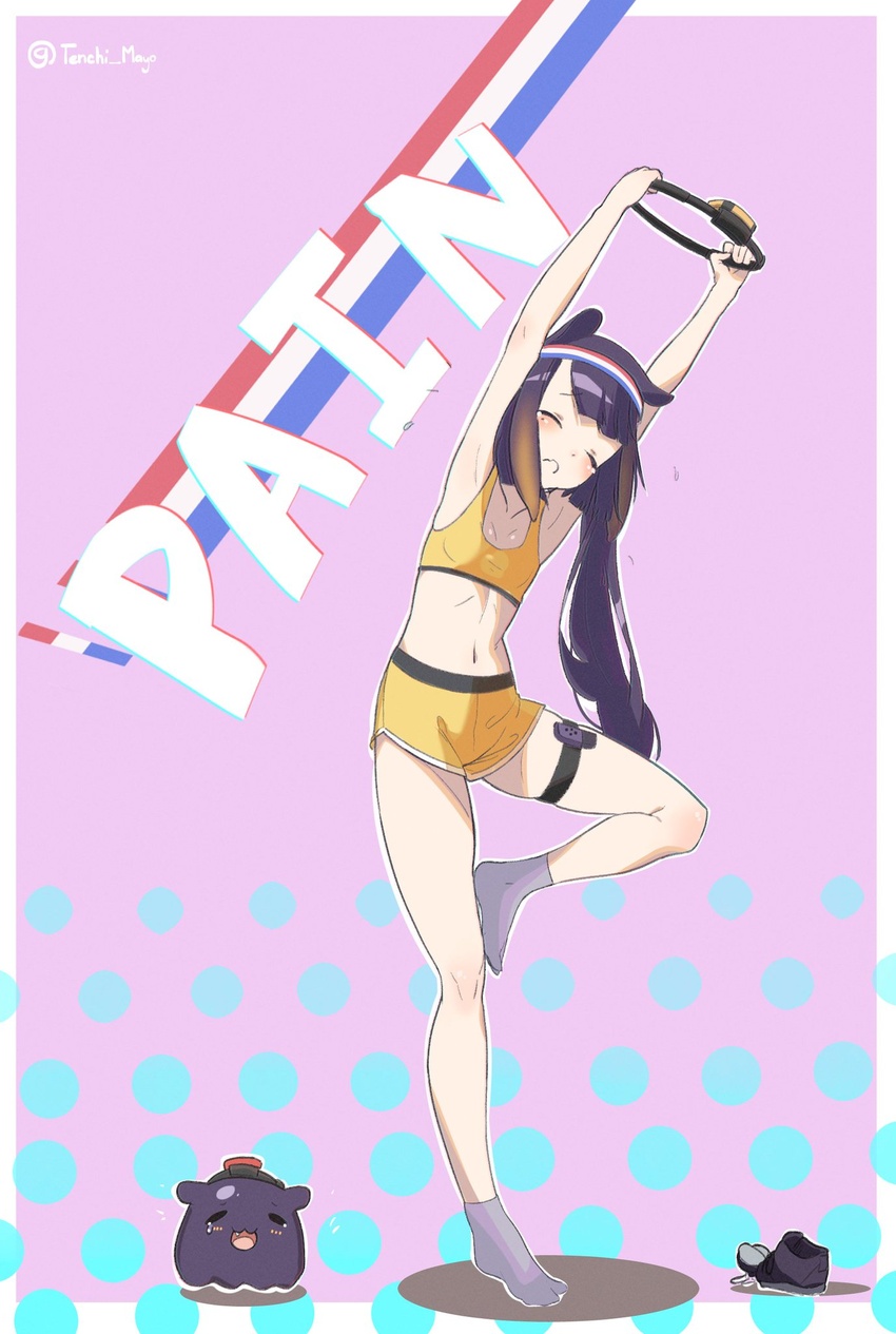 armpits blush chromatic_aberration closed_eyes english_text female highres hololive hololive_english image_sample long_hair midriff navel ninomae_ina'nis pink_background purple_hair ring-con ring_fit_adventure shoe_removed shoes shorts socks sports_bra standing standing_on_one_leg tako_(ninomae_ina'nis) tenchi_mayo tentacle_hair twitter_sample twitter_username virtual_youtuber yellow_shorts yellow_sports_bra