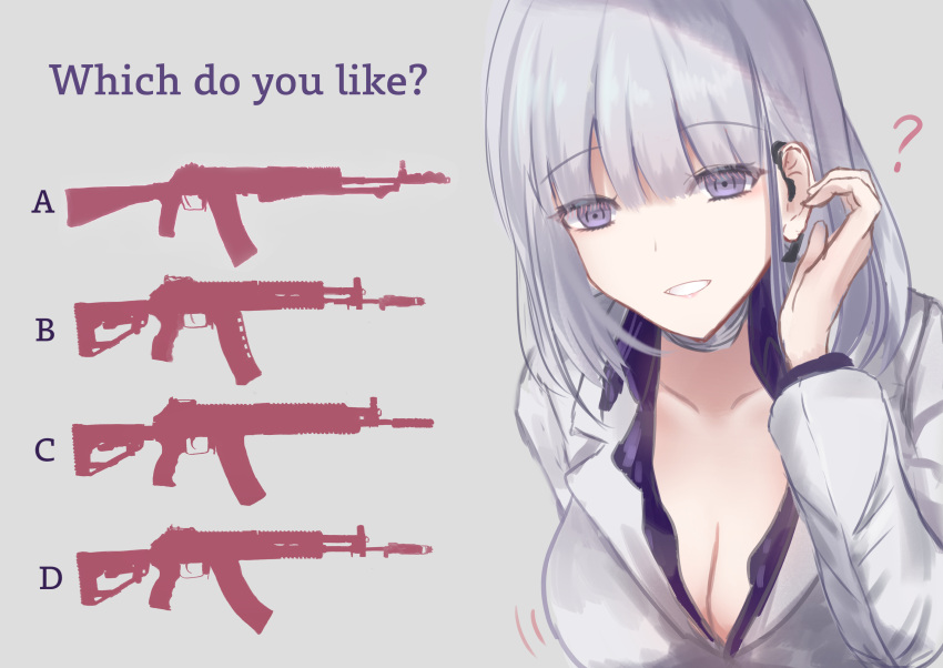 ? absurdres ak-12 ak-15 an-94 assault_rifle breasts business_suit cleavage commentary_request english_text female formal girls'_frontline gun highres jacket kalashnikov_rifle light_machine_gun martinreaction medium_breasts medium_hair official_alternate_costume purple_eyes rifle rpk-16 rpk-16_(girls'_frontline) rpk-16_(renate)_(girls'_frontline) silhouette suit weapon white_hair