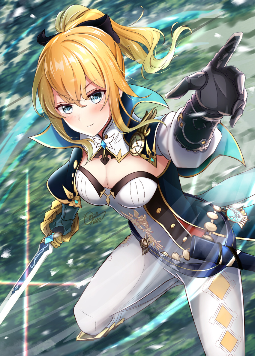 belt black_gloves blonde_hair blue_eyes blurry bow breasts cleavage commentary_request depth_of_field detached_sleeves favonius_sword_(genshin_impact) female genshin_impact gloves hair_between_eyes hair_ribbon hairbow highres holding holding_sword holding_weapon jean_(genshin_impact) long_hair looking_at_viewer mon-chan pants ponytail reaching reaching_towards_viewer ribbon sidelocks signature solo standing standing_on_one_leg sword vision_(genshin_impact) weapon white_pants