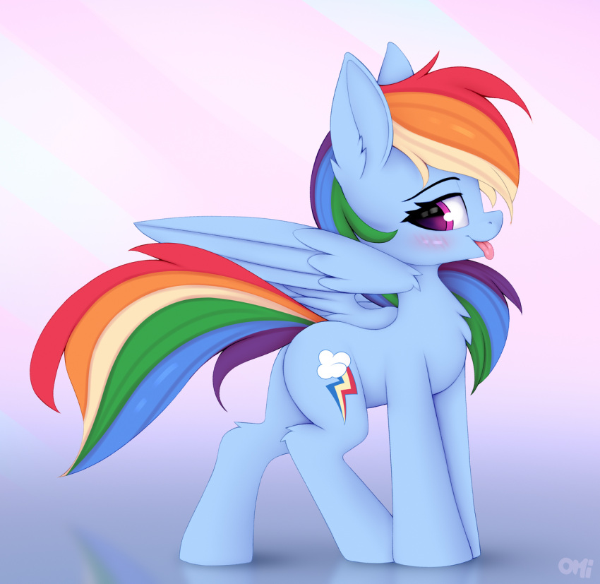 ass blue_body blush equid equine feral friendship_is_magic hasbro hi_res looking_at_viewer mammal my_little_pony mythological_creature mythological_equine mythology omiart pegasus purple_eyes rainbow_dash_(mlp) side_view smile solo tail tongue tongue_out wings