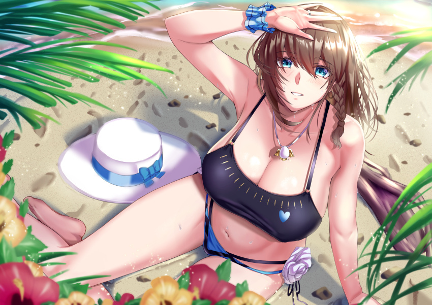 bare_shoulders bikini black_bikini blue_bikini braid breasts brown_hair charlotte_corday_(fate) charlotte_corday_(swimsuit_caster)_(fate) charlotte_corday_(swimsuit_caster)_(first_ascension)_(fate) cleavage collarbone commentary_request fate/grand_order fate_(series) female flower green_eyes hat highres jewelry large_breasts looking_at_viewer mismatched_bikini navel necklace pendant short_hair side_braid solo sun_hat swimsuit thighs white_hat yuhica