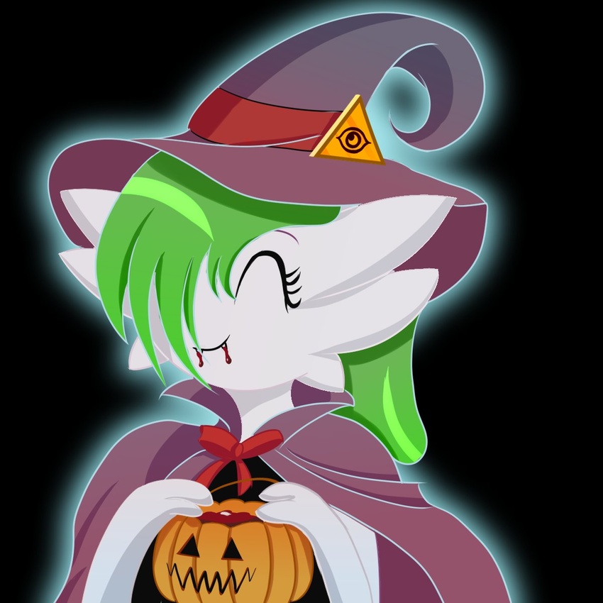 1:1 3_fingers ^_^ black_background blood bodily_fluids candy_bucket cape closed_eyes clothing divifilly fangs feet female fingers gardevoir generation_3_pokemon green_hair hair hair_over_eye halloween hat headgear headwear hi_res holding_pumpkin holidays humanoid icon illuminati jack-o'-lantern medium_hair nintendo one_eye_obstructed pokemon pokemon_(species) ruby_(ghostth39) simple_background smile soles teeth witch_costume witch_hat