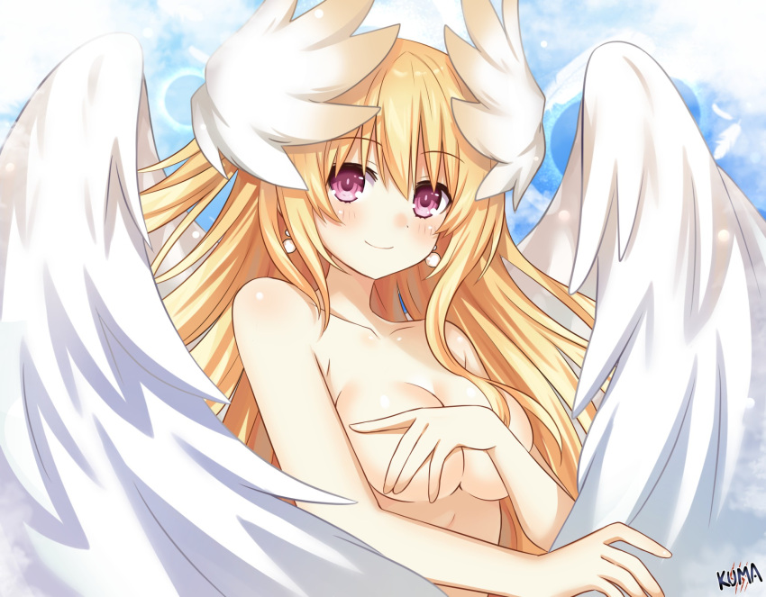 angel_wings blonde_hair breasts covering_breasts covering_privates date_a_live earrings feathered_wings female gekijouban_date_a_live:_mayuri_judgement hair_between_eyes hand_on_own_chest hands_up head_wings highres jewelry lewdkuma long_hair looking_at_viewer mayuri_(date_a_live) medium_breasts official_style pink_eyes signature smile solo topless upper_body very_long_hair white_wings wings