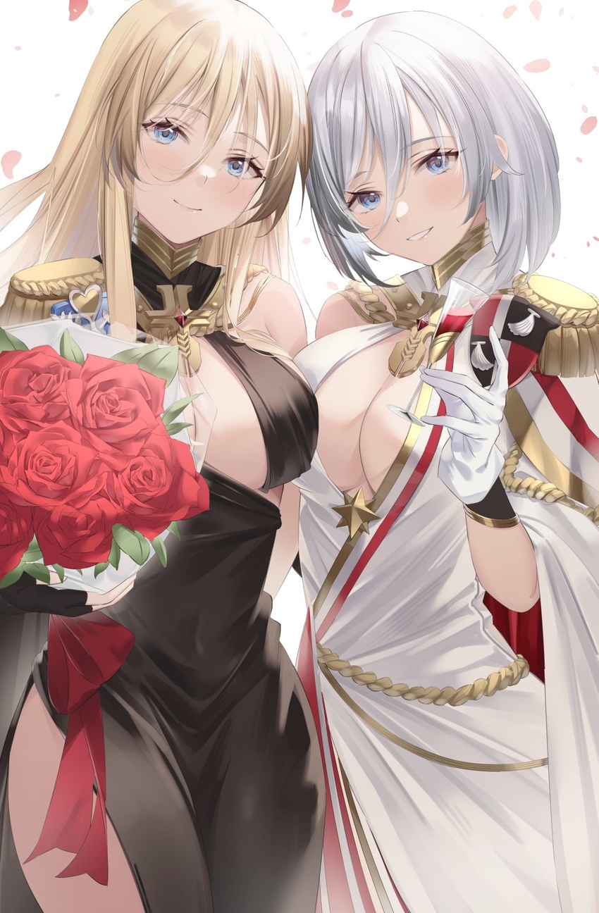 2girls aiguillette arm_behind_back asymmetrical_clothes azur_lane bismarck_(azur_lane) bismarck_(beacon_of_the_iron_blood)_(azur_lane) bismarck_(coat_of_arms) black_dress blonde_hair blue_eyes bouquet breasts cape center_opening coat_of_arms cocktail_dress cowboy_shot cross dress epaulettes evening_gown fingerless_gloves flower gloves hair_between_eyes halter_dress halterneck highres holding holding_bouquet iron_blood_(emblem) iron_cross large_breasts long_hair looking_at_viewer medallion multiple_girls official_alternate_costume petals red_flower red_rose rose sg_(satoumogumogu) short_hair side_cape simple_background single_bare_shoulder single_epaulette smile tirpitz_(azur_lane) tirpitz_(iron_blood_snowstorm)_(azur_lane) white_background white_cape white_gloves white_hair