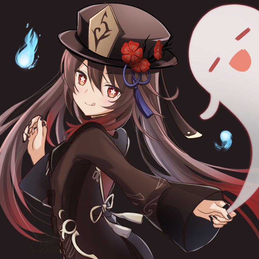 :d :q absurdres bent_over black_background black_nails boo_tao_(genshin_impact) brown_hair chinese_clothes commentary_request female flower from_behind genshin_impact ghost hair_between_eyes hat hat_flower hat_ornament highres hitodama holding hu_tao_(genshin_impact) jewelry long_hair long_sleeves looking_at_viewer looking_back mon-chan open_mouth orange_eyes ring sidelocks simple_background smile symbol-shaped_pupils tongue tongue_out twintails