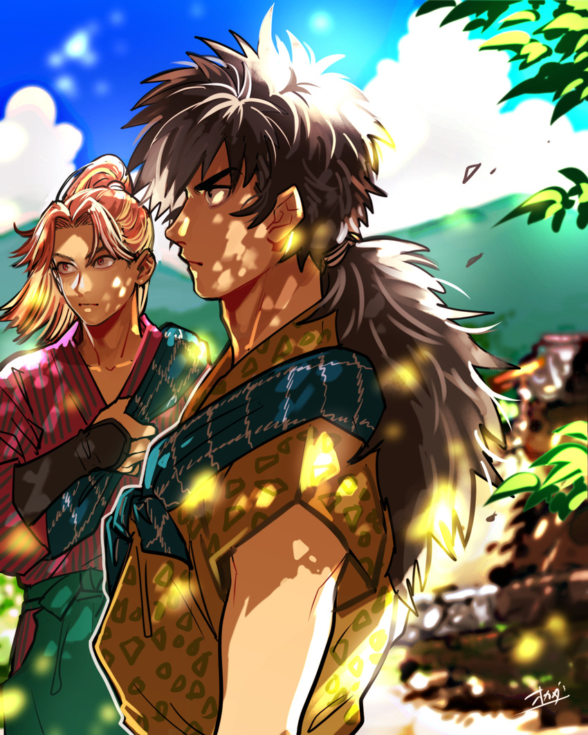 2boys black_hair commentary_request dappled_sunlight hakama hakama_skirt hama_shuichirou highres japanese_clothes low_ponytail male_focus messy_hair multiple_boys okada_(hoooojicha) orange_hair ponytail rakudai_ninja_rantarou red_eyes skirt sunlight tamura_mikiemon thick_eyebrows