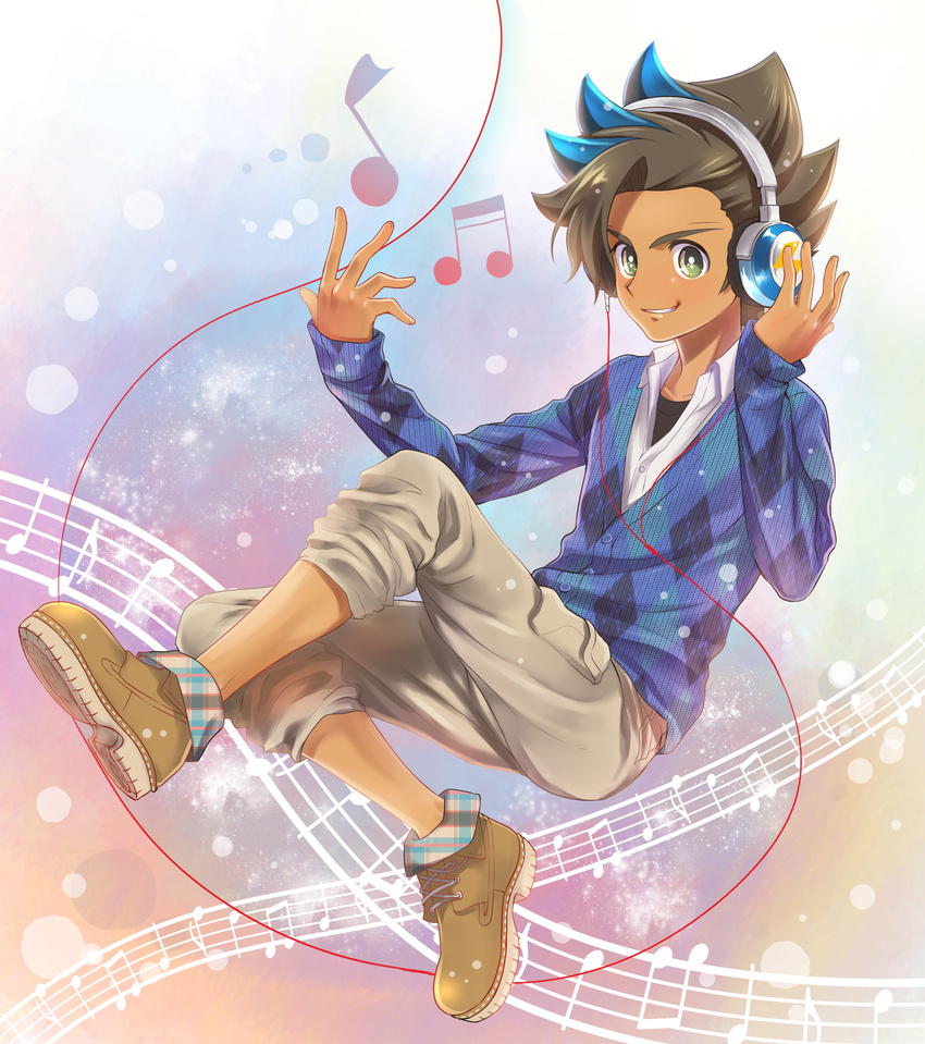 1boy absurdres bad_id bad_pixiv_id beamed_sixteenth_notes blue_hair brown_hair eighth_note headphones highres inazuma_eleven_(series) inazuma_eleven_go inazuma_eleven_go_galaxy male_focus matatagi_hayato matsumoto_achi multicolored_hair musical_note solo staff_(music) two-tone_hair