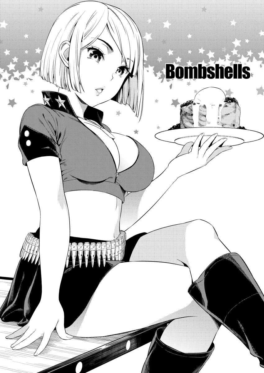 absurdres ammunition ammunition_belt bandolier boots breasts bullet cleavage collarbone crop_top crossed_legs dog_tags english_text eyelashes female fingernails food greyscale highres holding holding_plate knee_boots large_breasts long_fingernails looking_at_viewer midriff miniskirt monochrome navel non-web_source original parted_lips photoshop_(medium) plate short_sleeves sitting sitting_on_table skin_tight skirt smile solo sugaishi