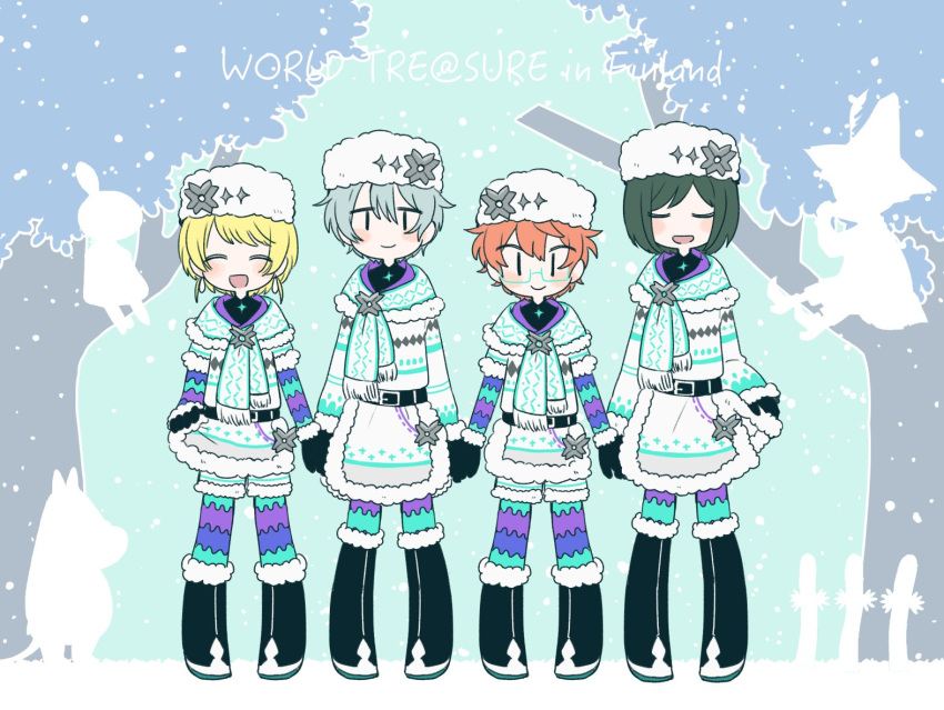 4boys aoi_kyosuke black_eyes black_footwear black_gloves black_hair blonde_hair bob_cut boots closed_eyes coat commentary_request earrings fur_hat gloves grey_hair hat holding_hands idol idolmaster idolmaster_side-m idolmaster_side-m_live_on_stage! jewelry kiyosumi_kuro lineup little_my male_focus mogu_(mofmof361) moomin moomintroll multiple_boys official_alternate_costume orange_hair pierre_bichelberger sakaki_natsuki smile snufkin tree ushanka white_coat world_tre@sure_(idolmaster)