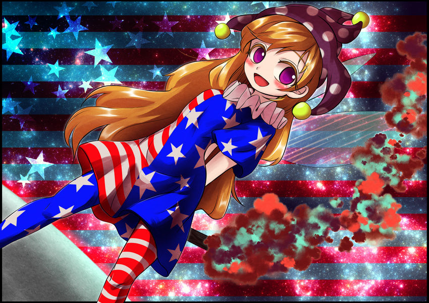 american_flag_dress american_flag_legwear blonde_hair blush border clownpiece commentary_request dutch_angle female hat jester_cap long_hair looking_at_viewer nomayo open_mouth pantyhose print_pantyhose purple_eyes shirt short_sleeves smile solo star_(symbol) striped_clothes striped_pantyhose touhou