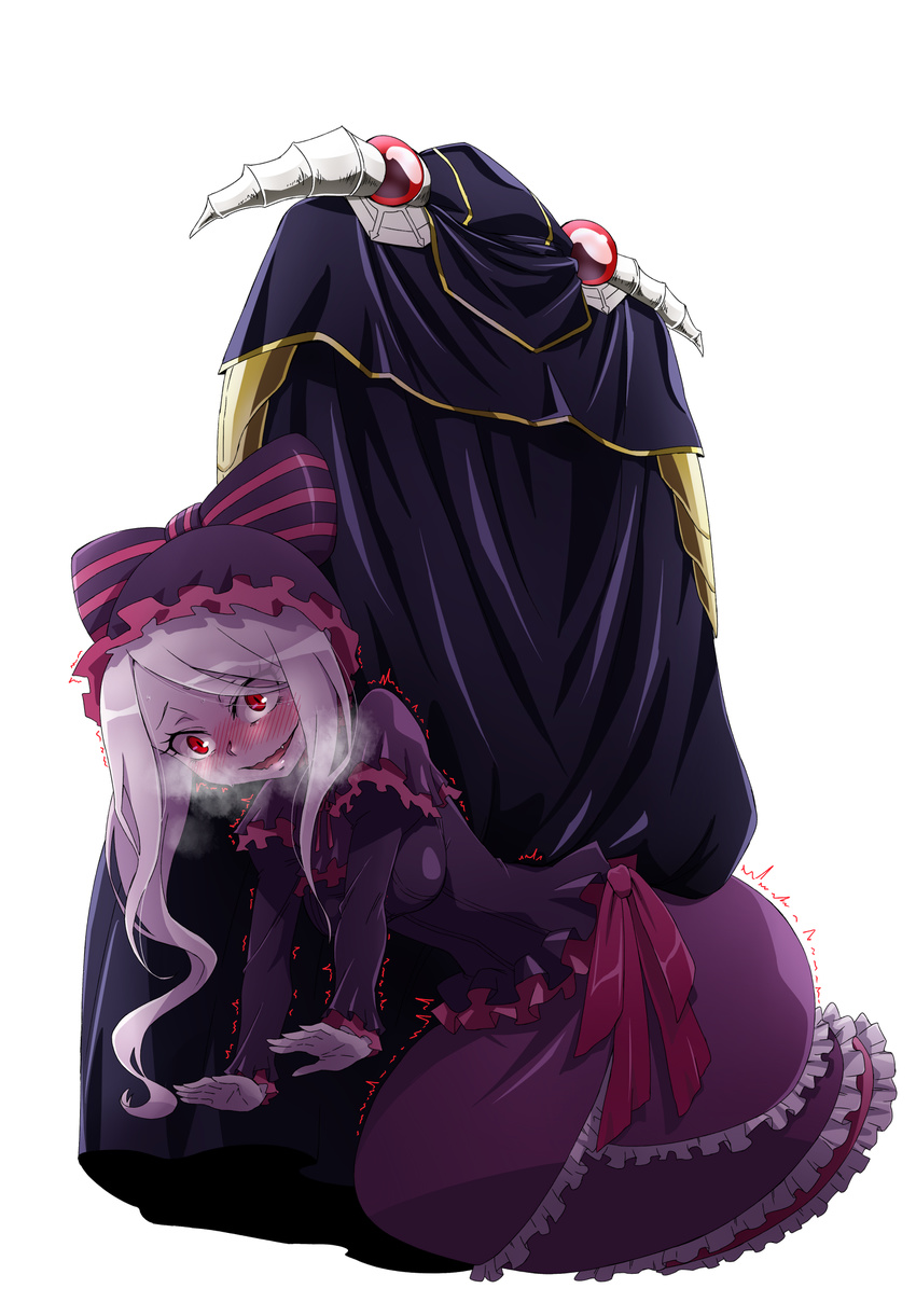 191karasu 1boy ainz_ooal_gown all_fours bad_id bad_pixiv_id blush breath commentary_request dress excited female female_pervert frilled_dress frills highres human_chair human_furniture masochism overlord_(maruyama) pervert red_eyes ribbon robe shalltear_bloodfallen silver_hair sitting sitting_on_person skeleton spoilers trembling undead