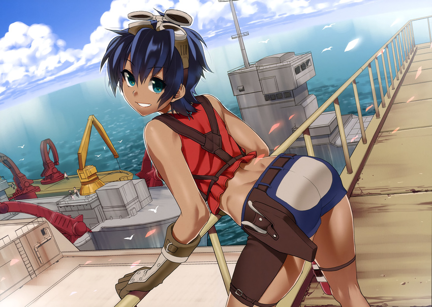 absurdres belt blue_eyes blue_hair crane_(machine) female gloves goggles goggles_on_head highres holster mayta_(suisei_no_gargantia) midriff musha_sabu ocean short_hair shorts smile solo suisei_no_gargantia thigh_strap