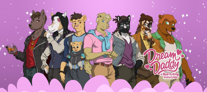 2017 alcohol aloha_shirt anthro anthrofied baby_carrier bear beverage brian_harding canid canine canis clothing craig_cahn damien_bloodmarch domestic_dog dream_daddy equid equine eyewear felid glasses glittering_background group hair horse hugo_vega joseph_christiansen lagomorph leporid lion lolicon long_hair male mammal mat_sella micah.panda pantherine pattern_clothing pattern_shirt pattern_topwear purple_background rabbit robert_small shirt simple_background suit sweater topwear whiskey wolf young young_anthro