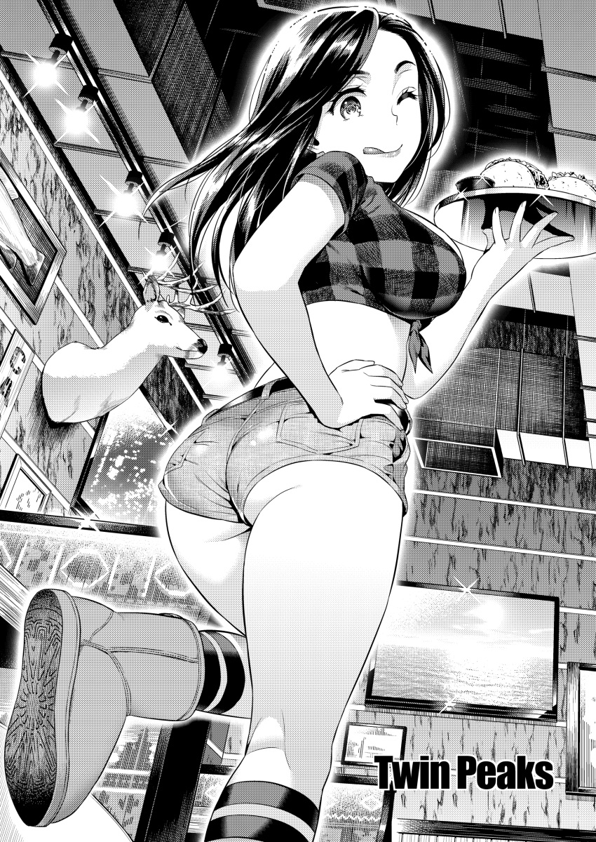 ;q absurdres ass belt boots breasts crop_top deer_head drawing_(object) english_text eyelashes female front-tie_top fur_boots greyscale hand_on_own_hip highres holding holding_plate kneehighs large_breasts leg_up long_hair looking_at_viewer looking_back midriff monochrome non-web_source one_eye_closed original photoshop_(medium) plaid plaid_shirt plate shirt short_shorts short_sleeves shorts smile socks solo standing standing_on_one_leg sugaishi taco television tied_shirt tongue tongue_out trophy_head ugg_boots