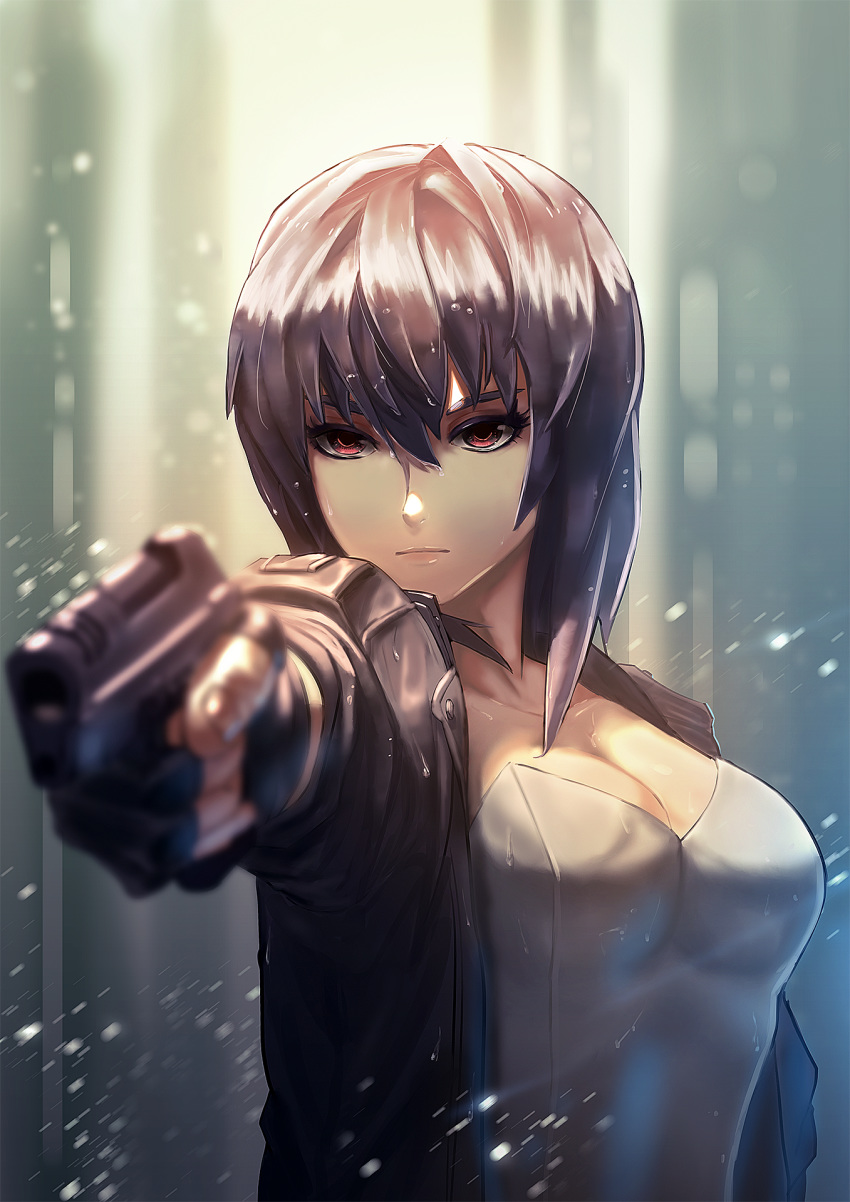 breasts cleavage commentary_request ctiahao female fingerless_gloves ghost_in_the_shell ghost_in_the_shell_stand_alone_complex gloves gun highres holding holding_gun holding_weapon jacket kusanagi_motoko pointing_gun pointing_weapon purple_hair rain red_eyes solo weapon