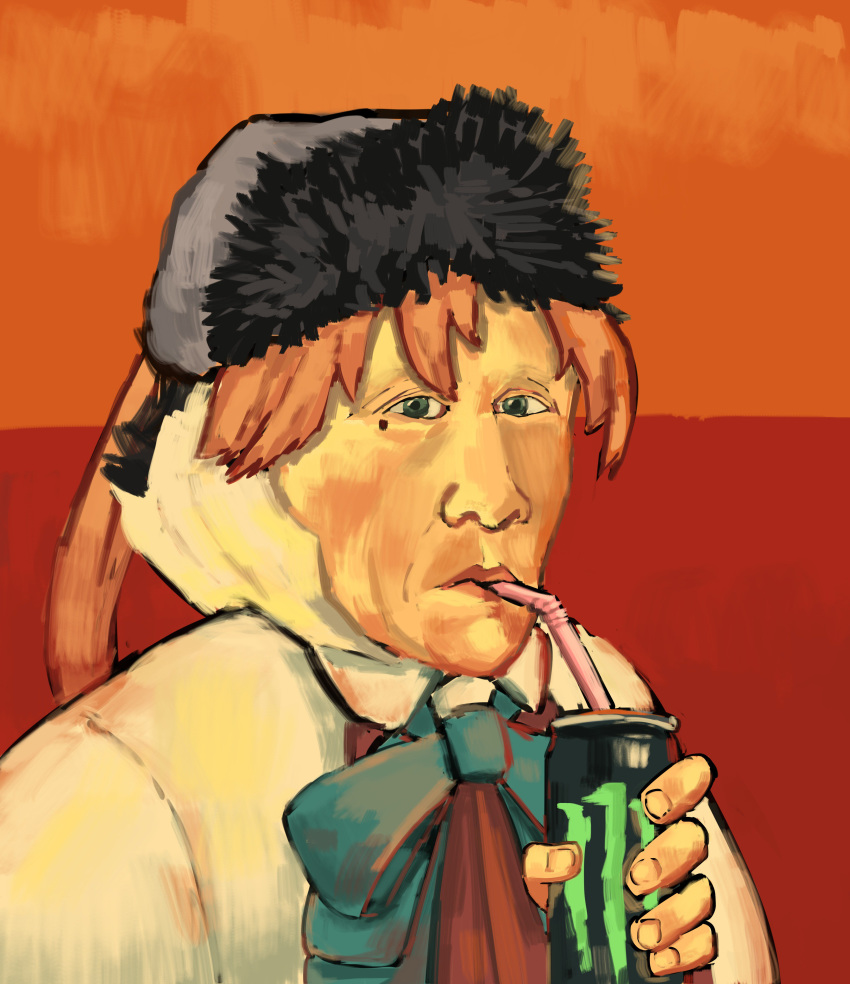 absurdres akigumo_(kancolle) ascot bad_id bad_twitter_id bendy_straw blue_bow blue_neckwear bow bowtie can commentary_request drinking drinking_straw energy_drink faux_traditional_media female fine_art_parody fingernails green_eyes highres kantai_collection lips long_hair looking_at_viewer mole mole_under_eye monster_energy osananajimi_neko parody pink_lips ponytail portrait red_ascot red_background self-portrait_with_bandaged_ear solo three_quarter_view two-tone_background vincent_van_gogh_(person) what