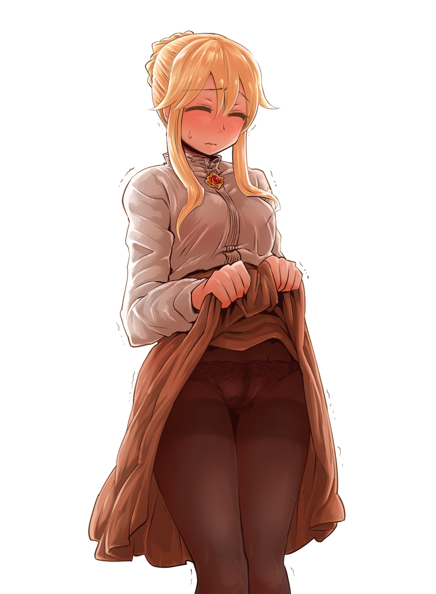 3: blonde_hair blush braid breasts brooch brown_pantyhose brown_skirt clarice_(idolmaster) closed_eyes closed_mouth clothes_lift commentary_request embarrassed feet_out_of_frame female full-face_blush hair_between_eyes highres idolmaster idolmaster_cinderella_girls jewelry lifting_own_clothes long_hair long_sleeves panties panties_under_pantyhose pantyhose shirt sidelocks simple_background skirt skirt_lift solo standing sweat thigh_gap thighband_pantyhose tied_hair tobatoinu underwear white_background white_shirt